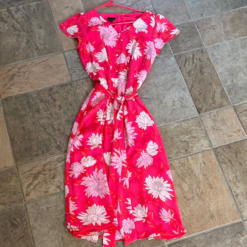Talbots Hot Pink Floral Button-Front Tie-Waist Dress